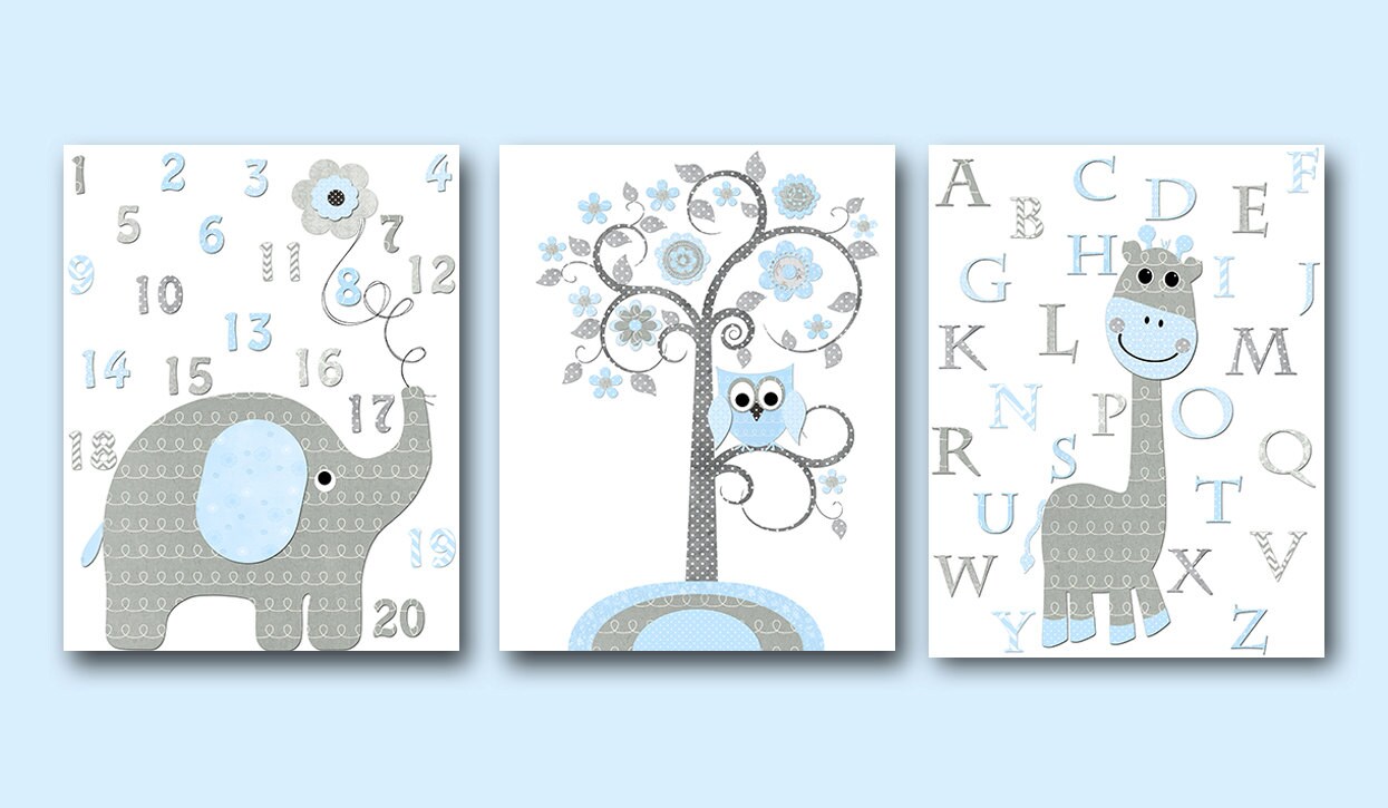 Blue Grey Elephant Decor for Nursery Giraffe Decor for Nursery