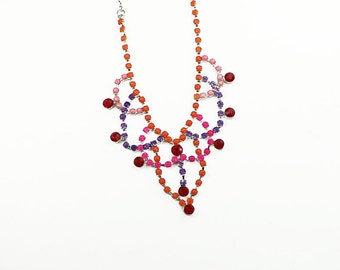 Neon Hand Painted Rhinestone Necklace in Orange, Pink, Purple, and Red