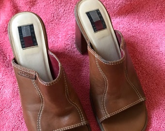 Brown slip on wedge pumps