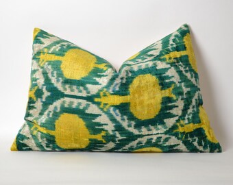 Velvet Ikat Pillow Cover - Yellow Green Velvet Ikat Pillow Cover Decorative Couch Pillows Silk Velvet Ikat Seat Cushion Ikat Velvet Pillow