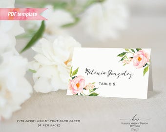 Printable Blush Pink Floral Tent Place Card, Editable PDF Template, Wedding Reserved Card, Fit Avery Paper, DIY Instant Download #05