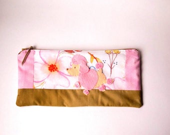 Zipper Pouch, 4.75x9.75" in pink, white, gold, blue and peach dogwood fabric with Handmade Felt Poodle Dog Embellishment, Dog Zipper Pouch