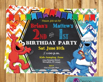 Elmo Cookie monster joint party Birthday Invitations / Elmo invites / Sesame street / Chalkboard / Printable Digital #C1029