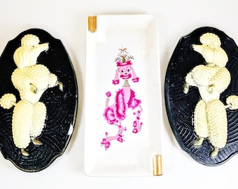 Chalkware Poodles Plaques and Pink Poodle Ashtray. 1950's Kitsch