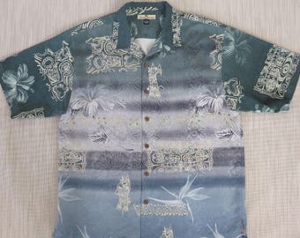 TOMMY BAHAMA Shirt Hawaiian Shirt Silk Shirt Copyrighted Print Hibiscus Tribal Tiki Aloha Shirt Mens Relax Fit - L - Oahu Lew's Shirt Shack