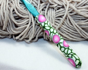 Polymer clay crochet hook, Boye new size J-10 or 6.00mm, ergonomic hook, decorative crochet hook, handmade design, ready to ship