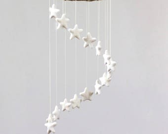 Spiral Felt Star Mobile- Neutral Nursery- White- Felt Ball Mobile