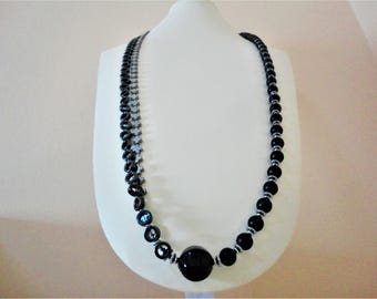 Long Black Onyx Necklace with Silver Hematite. Onyx Necklace. Hematite Necklace. Cross Necklace. Gray Grey Necklace. Long Statement Necklace