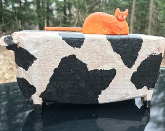 Cow and cat folk art hand carved naive hobo art made in Canada by D Purdy