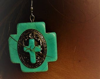 Southwest Cross Earrings, Native American style earrings, boho earring, Turquoise earrings