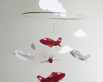 Airplane Mobile - Plane Mobile, Red and Grey Airplanes, Boys Mobile, Custom Colors, Paper Airplanes, Home Decor, Baby Mobile, Nursery Mobile