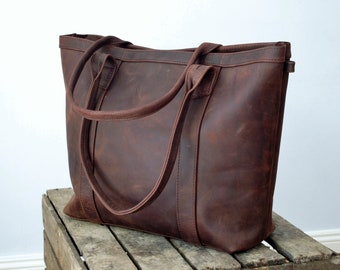Leather tote bag, distressed leather purse, leather shopper, leather purse with zipper, leather handbag, tote bag