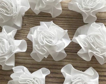 4 Large White Ribbon Ruffle Roses Rosettes Flowers 3.5cm - Card Making Embellishments Craft Sewing