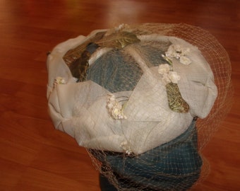 vintage ladies hat white velvet leaves pink netting tie