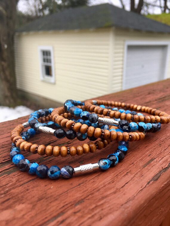 Dark Blue Crab Faceted Agate & Wood Beaded Stack Bangles