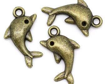 5 Antiqued Bronze Dolphin Charms