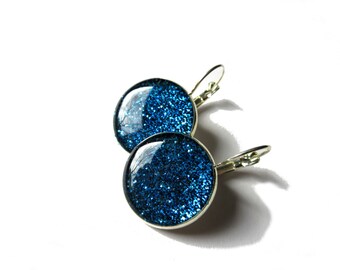 GLITTER EARRINGS - Dark Blue glitter earrings - Glitter dangle earrings - sparkly jewelry - silver earrings - resin - glitter jewelry - blue