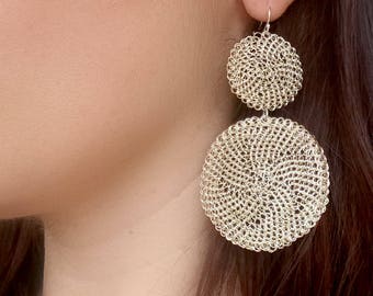 Silver Dangle Earrings, Statement Large Circle Round Earrings, Wire Crochet Handmade Earrings, Big Drop Earrings