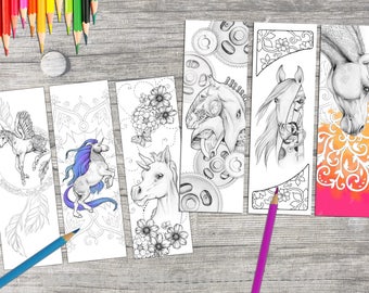 instant download bookmark coloring horse animal flower