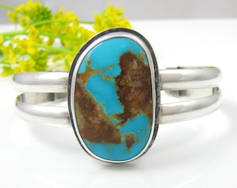 Natural Turquoise Cuff Bracelet - Sterling Silver Turquoise Cuff Bracelet - Kingman Turquoise Cuff - Rustic cuff bracelet