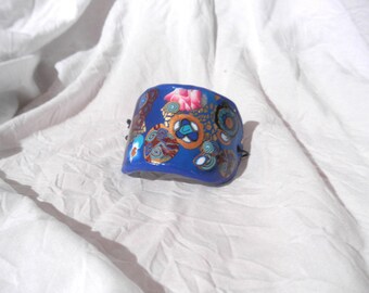 Bracelet wide polymer clay, turquoise, blue, gold, China patterns