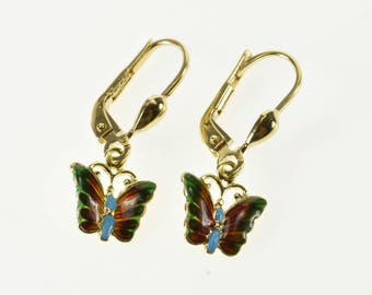 14k Colorful Enamel Butterfly Dangle Lever Back Earrings Gold