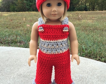 Red & Gray Crochet 18" Doll Sock Monkey Overalls w/ Matching Hat