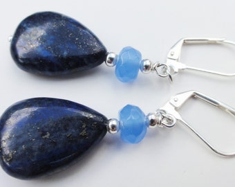 Gemstone Jewelry, Lapis Earrings, Teardrop Lapis Earrings, Blue Earrings, Blue Lapis, Chalcedony Earrings,GemstoneJewelrybyVal