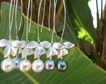 Pearl Earrings, Flower Erarings, Orchid Earrings, Wedding Bridesmaid Bridal Jewelry Bridesmaid Gift, Drop, Dangle, Statement Christmas GIFT