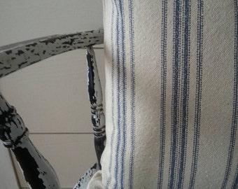 Pillow Cover/Cream Grain Sack Fabric/Blue Stripe/Zipper Closure