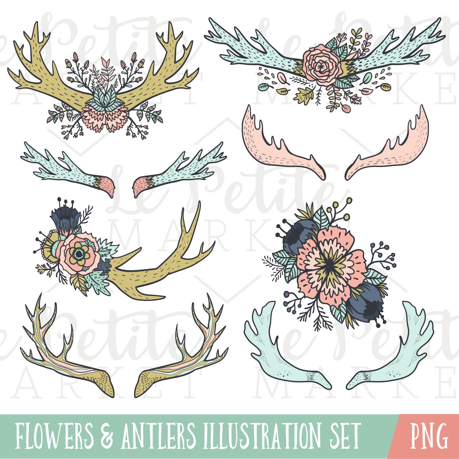 Antler and Flowers Clip Art Set, Antler Clipart, Wedding Clip Art ...