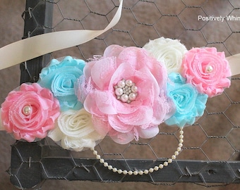 Maternity Sash, Belly Sash, Girl Maternity Sash, Pink Maternity Sash, Gender Reveal Sash, Pregnancy Sash, Pink, Aqua Blue, Ivory, RTS