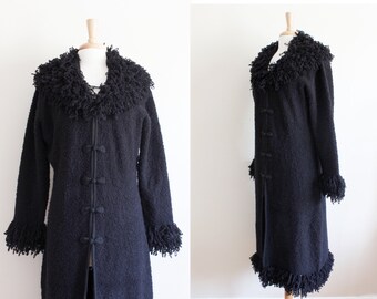 Vintage Boucle Yarn Fringe Black Duster Sweater