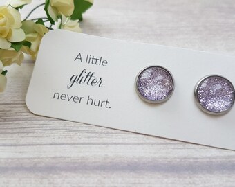 Lavender earrings, Lavender bridal shower, Glitter earrings, Lilac earrings small, Bridesmaid jewelry, Lavender jewelry, Lilac jewelry