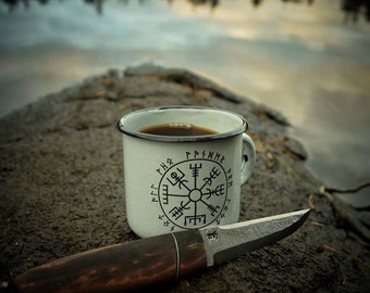 White Enamel Mug Cup * Viking Compass Print Design * Enamel Cup Mug * Camping Mug * Travel Mug * Icelandic Compass symbol viking Vegvisir
