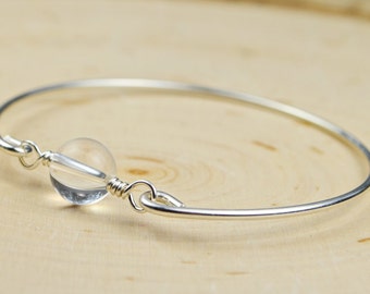 Clear Quartz Bangle Bracelet- Round Clear Quartz and Sterling Silver Filled Wire Wrapped Bracelet- Custom Made to Size