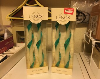 Vintage New Lenox Green & White Twisted Holiday Taper Candles (2 boxes)