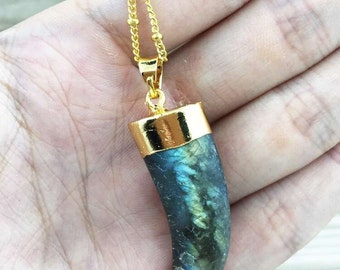 Colorful Labradorite Horn Pendant with 24k Gold Electroplated Cap and Bail (S41B9-02)