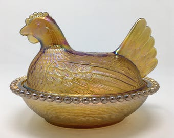Gold Hen On Nest, Gold Carnival Glass Hen On Nest, Indiana Glass, Butter Dish, Candy Dish