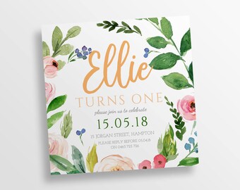 Birthday invite, birthday invitation, girls birthday, 1st birthday, floral invitation, garden party templett instant download SKU0 - 101