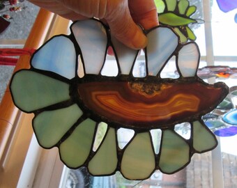 Aquadancer - Lush and Secretive Stained Glass Suncatcher with Polished Agate Slice