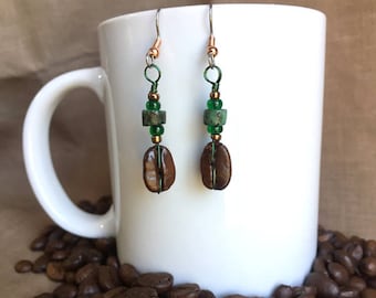 Coffee Earrings...Emerald Isle..Authentic Fair Trade Coffee Bean Earrings .. FREE SHIPPING