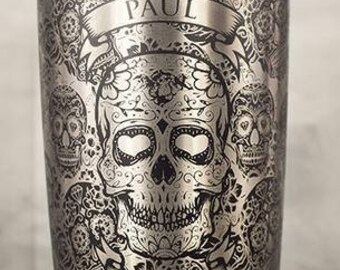 20oz Tumbler Laser Engraved, Black, Sugar Skulls with Name
