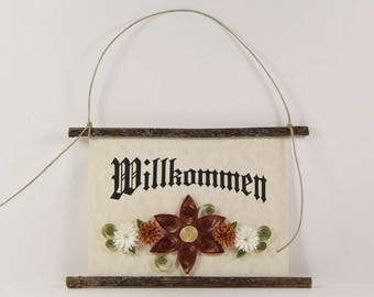 Willkommen, German Welcome, Paper Quilled German Welcome Sign, 3D Quilled Banner, Paper Flower Decor, Brick Rust White Decor, Germany Gift