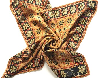 Vintage 1970s ANNE FOGARTY floral geometric 100% Silk Scarf 27"