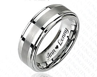 Personalized Rings, Engraved Ring, Two Tone Step Edge Tungsten Ring, Personalized Tungsten Ring, Custom Promise Ring, Engraved Wedding Bands