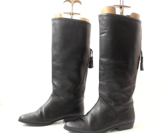 Women's Vintage Flat Knee High Pull On Slouch Tassel Riding Black Real Leather Boots Size UK3 EU36