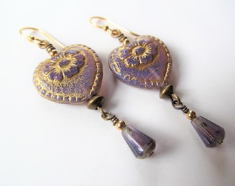 Purple and Gold Czech Glass Heart with Flowers and and Dangling Teardrop Beads 14k Gold Filled Earrings - Love - BeadedTail