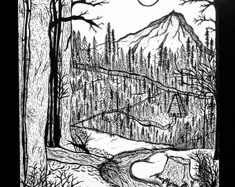 Woodsy Mountain & Cabin Drawing