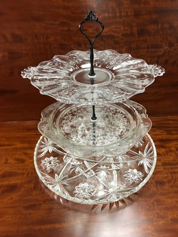 3 tier cake plate clear pressed glass